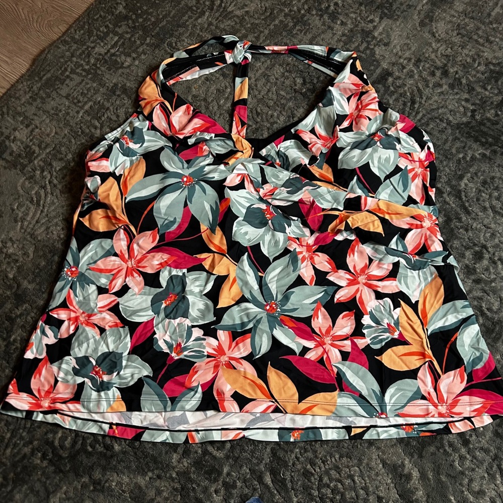 Aqua Couture Daylines Ruffle Halterkini Tankini Top Floral‎ Black Multi Plus 3X